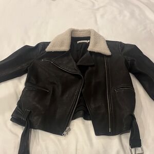 A.L.C. Black Leather Jacket with Cream Shearling Collar